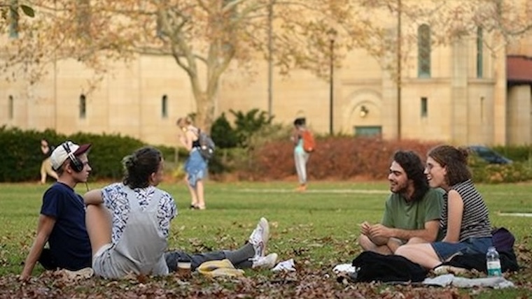 A group of students sitting outdoors on Oberlin's campus.